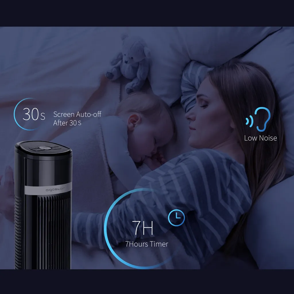 Aigostar Turmventilator, Leise Mit Fernbedienung, 35W, 60° Oszillierend, 3 Geschwindigkeitsstufen, 7 Stunden Timer, Säulenventilator Mit Speicher Funktion, 103cm Standventilator Tower Fan, Schwarz 2 Aigostar Turmventilator, Leise Mit Fernbedienung, 35W, 60° Oszillierend, 3 Geschwindigkeitsstufen, 7 Stunden Timer, Säulenventilator Mit Speicher Funktion, 103cm Standventilator Tower Fan, Schwarz – Bild 2