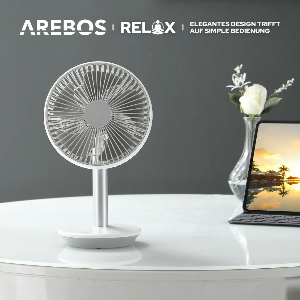 AREBOS USB-Tischventilator Mit Timer, Wiederaufladbarer 2500 MAh – Akku, 45° Neigbar, Ventilator Mit 3 Geschwindigkeitsstufen, Inkl. USB-Kabel 4 AREBOS USB-Tischventilator Mit Timer, Wiederaufladbarer 2500 MAh – Akku, 45° Neigbar, Ventilator Mit 3 Geschwindigkeitsstufen, Inkl. USB-Kabel – Bild 4
